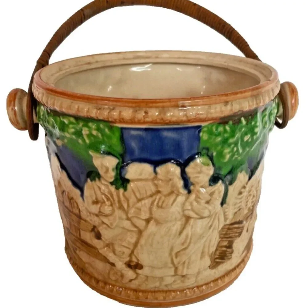 Vintage Majolica Cookie Jar with Rattan Handle Japanese Pastoral Folk Art 7